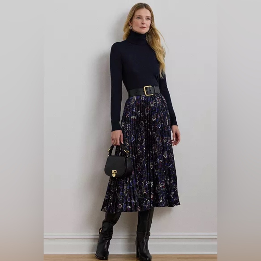 Lauren Ralph Lauren Women's Floral Pleated Satin Charmeuse Skirt Midi